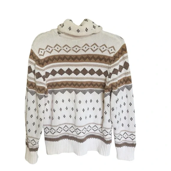 Chaps Fair Isle Cowl Neck Sweater Cream Tan Brown Geometric Knit Nordic Cozy XL - Picture 2 of 5